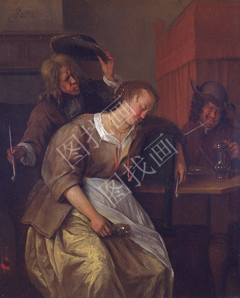 A Man blowing Smoke at a Drunken Woman, Another Man with a Wine-pot